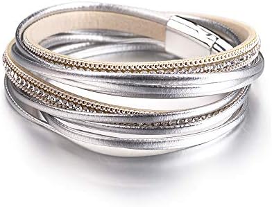 Fesciory Leather Wrap Bracelets for Women, Boho Leopard Multi-Layer Crystal Beads Cuff Bracelet Jewelry