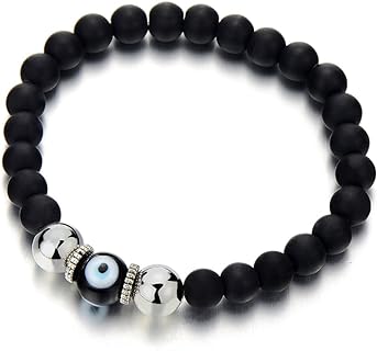 No-Clasp Evil Eye Beaded Bracelet, Bead Chain - Unisex Design in Mat Black, Featuring Murano-Style Glass Beads, Protection Prayer Mala