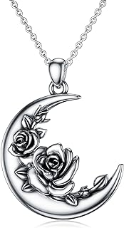 Sterling Silver Rose Pendant Necklace for Mothers - Crescent Moon Shaped with Adjustable Cable Chain - Ideal Mother's Day and Birthday Gift