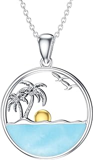 Palm Tree Necklace for Women Sterling Silver Ocean Wave Pendant Necklaces Natural Larimar Gemstone Pendants Jewelry Gift for Mom Wife Girlfriend