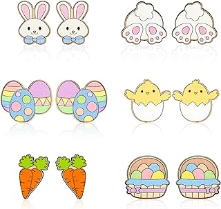 Whaline 6 Pairs Easter Wooden Earring Studs Bunny Rabbit Egg Shaped Earrings Cute Wood Earrings for Women Spring Birthday Party Jewelry Gift Accessories