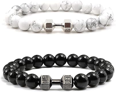 Black Charm Dumbbell Bracelet for Men Gym Bros Bracelet 8mm Natural Volcanic Lava Stone Stretch Beads Bracelet Gym Yoga Anxiety Beaded Bracelet Fitness Barbell Jewelry for Men