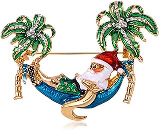 Santa Claus on Vacation Brooch Pin for Women Girls Unisex Gold Plated Fashion Rhinestone Green Hawaii Palm Tree Christmas Brooch Lapel Pins Cute Funny Dress Accessories Xmas Holiday Jewelry Gift Souvenir