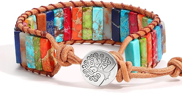 HZDK 7 Chakra Stone Bracelets for Women,Handmade Healing Crystal Jasper Beads Bracelet with Tree of Life Button Women Jewelry Gifts