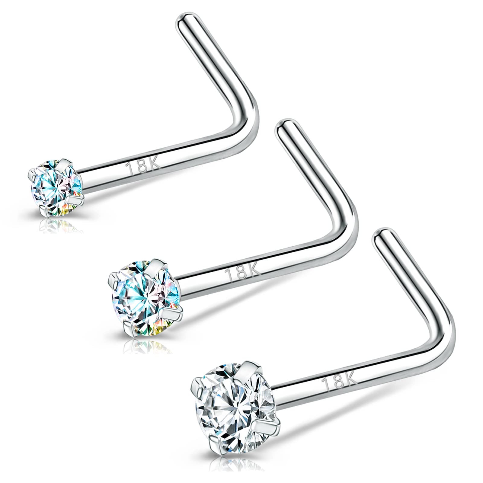 BodyAce 18K White Gold Nose Rings for Women Men, 20g Real Solid 18k Nose Rings Studs, Simulated Diamond Nose Piercing Jewelry 1.5mm 2mm 3mm