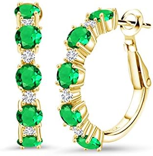 Lever-Back Yellow Gold Plated Silver Hoop Earrings with Green Nano Emerald & White Lab Grown Diamonds for Women - Round 4MM Design