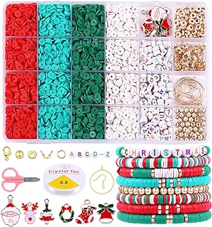 Wuollgess Christmas Clay Beads Bracelet Kit in Polymer Heishi with Metal Spacers for Kids, Adults, and Girls - Christmas Themed