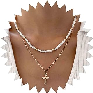 Boho Layered Bead Choker Necklace Vintage Teardrop Crystal Pendant Necklace White Seed Bead Chain Necklace Gold Water Drop Pendant Necklace Jewelry for Women and Girls