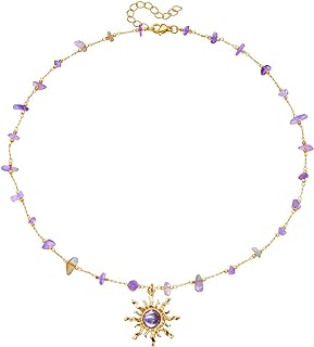 Healing Crystal Necklace for Women Amethyst Sun Necklace Boho Sun Choker Necklace Natural Stone Healing Necklace Christmas New Year Jewelry Gift for Women Girls