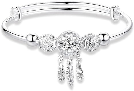 Dream Catcher Bracelet for Women Girls, Trendy Silver Gold Hollow Flower Leaf Tassel Charms Bangle Round Tube Telescopic Adjustable Copper Bracelet Jewelry Gifts