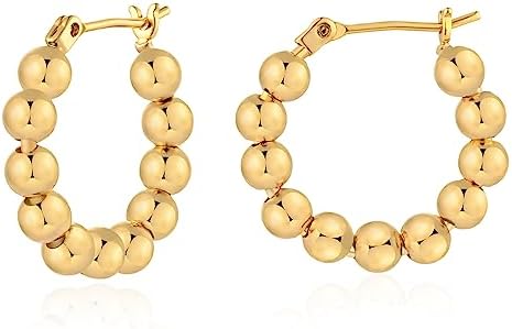 Click-Top 14K Yellow Gold Women's Hoop Earrings, Hypoallergenic Twisted Beaded Design for Sensitive Ears, Perfect Gift Option