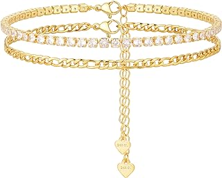 24K Gold Plated Ankle Bracelets for Women ，Layered Cubic Zirconia Tennis Ankle Bracelets for Women Teen Girls Beach Foot Jewelry Gifts