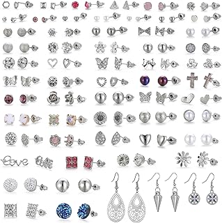 60 Pairs Stud Earrings Pack for Women Girls Mixed Color Flower Cute Butterfly Cross CZ Studs Earrings Set Fashion Jewelry for Any Occasion