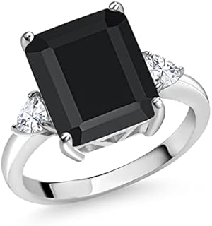 Vintage Sterling Silver Black Onyx and White Moissanite Engagement Ring for Women, Emerald and Trillion Cut Design, 6.09 Cttw