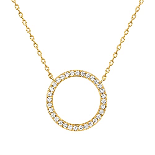 14K Gold Plated Circle CZ Solitaire Necklace | Elegant Bezel Pendant | Dainty Cubic Zirconia Halo Choker Necklaces for Women