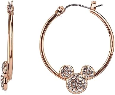 Disney Mickey Mouse Hoop Earrings, Jewelry Gift Box, Gold Tone Enamel with Pave Stone Accent, 1.25” Drop, Clicktop Closure