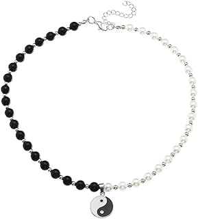 COLORFUL BLING Yin Yang Pendant Choker Necklace Beaded Pearl Link Chain for Women Men Boys Chinese Philosophy Cool Hip Hop Jewelry