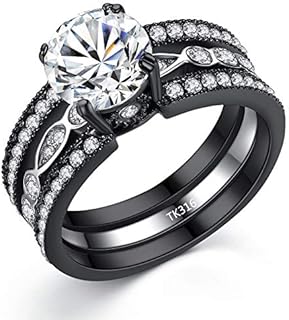 CZ Black Wedding Band Engagement Ring Sets Stainless Steel Round Cut Cubic Zirconia Rings for Women