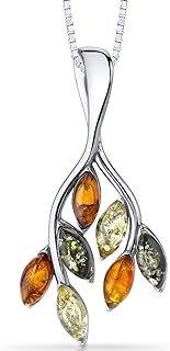 PEORA Genuine Multicolor Baltic Amber Leaf Pendant Necklace and Earrings for Women in Sterling Silver, Rich Cognac, Olive Green and Honey Yellow Colors