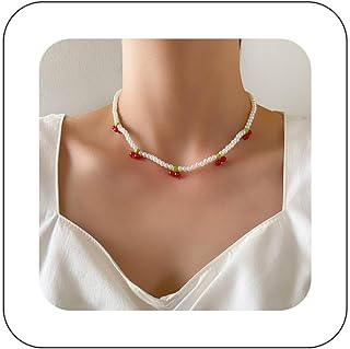 Vintage Pearl Choker Necklace Red Ruby Strawberry Dangle Necklace Boho Dangle Strawberry Necklace Pearl Chain Necklace Jewelry for Women and Girls