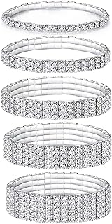 Spring Ring Clasp Diamond Link Chain Bracelet - Sparkling Rhinestone Design for Women - Set of 5 Durable Brass Tennis Bangles