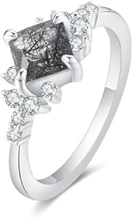 Art Deco Platinum-Plated Sterling Silver Engagement Ring with Black Rutilated Quartz for Women, size 4, Square Radiant Cut Design