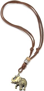 Vintage Aged Brass Elephant Pendant Necklace with Adjustable Brown Leather Cord for Women, Alloy Metal, No Gemstone, Crafted in China