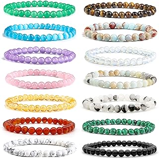 Natural Agate Beaded Chain Bracelet Set, 14pcs 6mm Round Gemstones for Women, Men, and Girls - Versatile, Stretchy, Non-Metal Bracelets with Distinctive Crystal and Stone Design