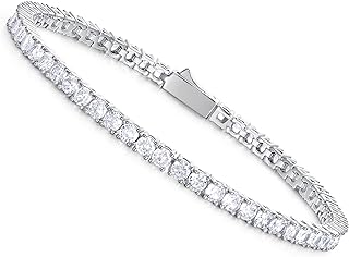 Luxfine 3mm Unisex Tennis Anklet in 14K White Gold Plated Brass with Cuban Chain and Snap Clasp, Inlaid with Brilliant 5A+ Cubic Zirconia, Ideal for Birthday/Christmas Gifting