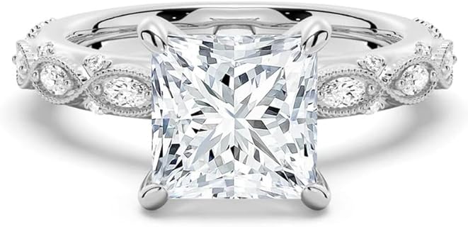 Vintage Princess Moissanite Engagement Ring - 2 Carat D Color VVS1 Clarity in 925 Sterling Silver, 10K, 14K, 18K White Gold Options, Women's Princess Cut Ring