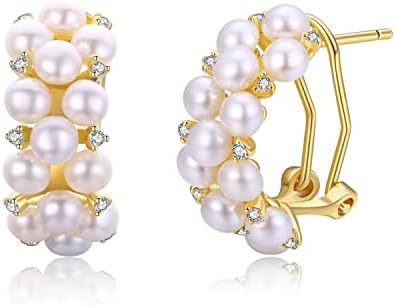 Golden Silver Freshwater-Cultured Pearl Cluster Half Hoop Earrings