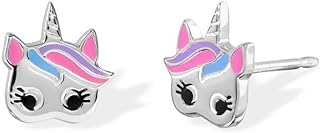 Hand-Painted Enamel Unicorn Stud Earrings in Sterling Silver with Push Back, Hypoallergenic, 0.12" Length for Women & Girls, Unique Design