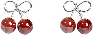 Vintage Cherry Fruit Small Stud Earrings for Women Teen Girls Sterling Silver White Gold Plated Hypoallergenic Cute Red Ball Bead Bowknot Studs Tragus Dainty Birthday Christmas Easter Gift(Silver)