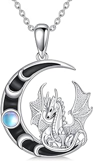 925 Sterling Silver Dragon Pendant Necklace with Moonstone, Lobster Clasp and Cable Chain, Ideal Gift for Women and Girls with Intricate Design