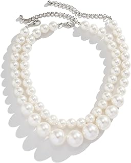2Pcs Layered Pearl Choker Necklace for Women,Pearl Beaded Necklace White Faux Pearl Strand Necklace Dainty Jewelry Gift for Women Simple Bridesmaid Jewelry Gifts
