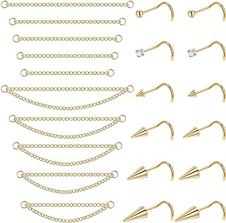 22Pcs 20G Surgical Steel Nose Ring Chain Nose Ring Stud for Women Men Double Nose Chain Piercing Across Nose Spike Ball CZ Nose Studs Nostril Piercing Jewelry