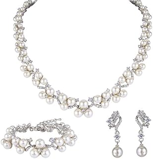 EVER FAITH Austrian Crystal CZ Simulated Pearl Victorian Style Necklace Earrings Bracelet Set Clear