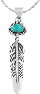 Elegant Turquoise Feather Pendant Necklace with Box Chain and Spring Ring Clasp, Crafted from 925 Sterling Silver