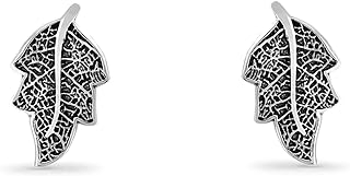Push-Back Sterling Silver Oxidized Leaf Stud Earrings for Men and Women - Unique Tree Leaf Design