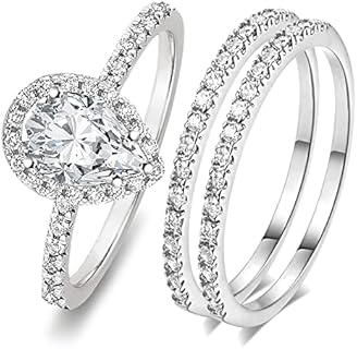 Elegant Tear-drop Cubic Zirconia Bridal Ring Set, 3Ct 5A Stone Grade, Pear and Oval Cut Halo Design, Sizes 5-10, White Gold Plated Brass