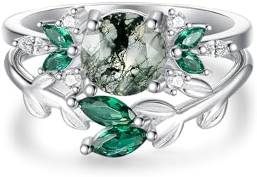925 Sterling Silver Women's Moss Agate Round Engagement Rings Set, Hypoallergenic Leaf Design, Sizes 6-9 - Perfect Birthday Gift for Her
