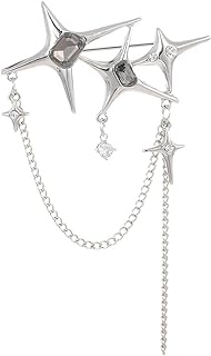 Punk Silver Star Moon Tassel Chain Brooch Collar Pins,Vintage Safety Cubic Zirconia Crystal Chain Tassel Brooch,Brooch Pins Shawl Clips for Women Girls