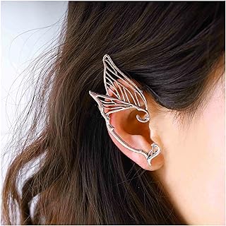 Silver Gothic Black Elf Wing Ear Wrap Cuff Earrings with Stainless Steel Clip-on Back Finding for Women, Vintage Halloween Cosplay Design