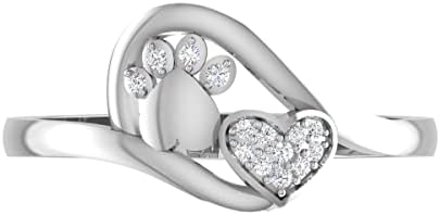 Diamond-Studded Dog Paw & Heart Engagement Ring in Sterling Silver for Women - Charming Heart & Paw Design Solitaire Diamond Ring (0.063 TCW) - Perfect Gift for Spouse or Fiancée