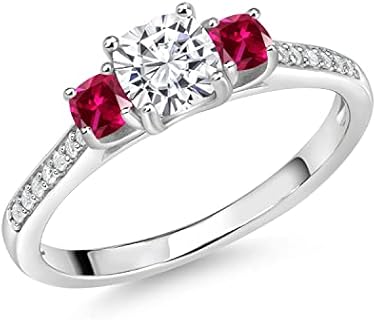 Gem Stone King 925 Sterling Silver White Moissanite and Red Created Ruby Ring | 1.00 Cttw | 5MM and 3MM Cushion | 3 Stone Wedding Engagement Anniversary Promise Ring For Women