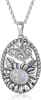 Lobster Clasp Vintage Opal Pendant Necklace, Sterling Silver Chain with Moonstone Gem, Ideal for Women, Elegant Floral Design