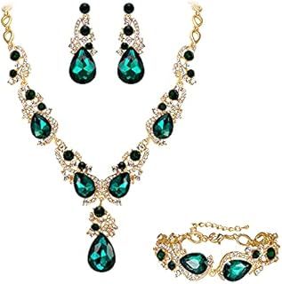 Fold-Over Clasp Multi-Crystal Emerald Necklace for Brides with Teardrop Design - BriLove Wedding Bridal Jewelry Set