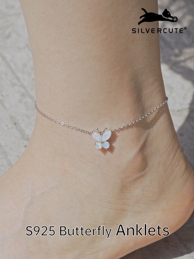 SILVERCUTE Butterfly Anklets for Women, S925 Foot Bracelet Birthstone Anklets Sterling Silver Adjustable Beach Anklet Length 8.5"-10.5"