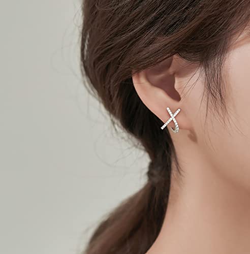Solid 925 Sterling Silver CZ Cuff Piercing Stud Earrings Wraps for Women Girls X Criss Cross Cuff Earrings Huggie Hoops