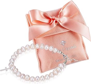 Beaded Bracelets for Girls, Sterling Silver Charm Cross Bracelet Cultured freshwater Pearl, Toddler Baby Girl, Christening, Communion, Baptism Gifts for Girl
